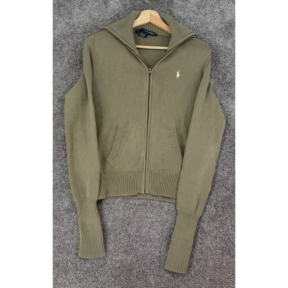 Ralph Lauren Sport Womens L Olive Cotton Knit Full Zip Sweater Pony Cardigan
